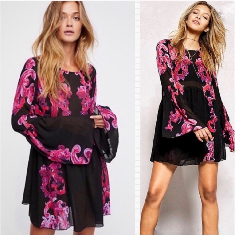 Intimately Free People Women’s Tunic M Printed Symphony Black Pink Sheer Boho.
